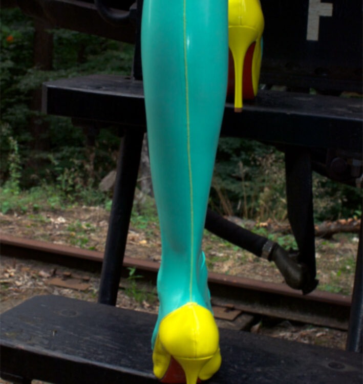 Yellow seam jade green latex stockings