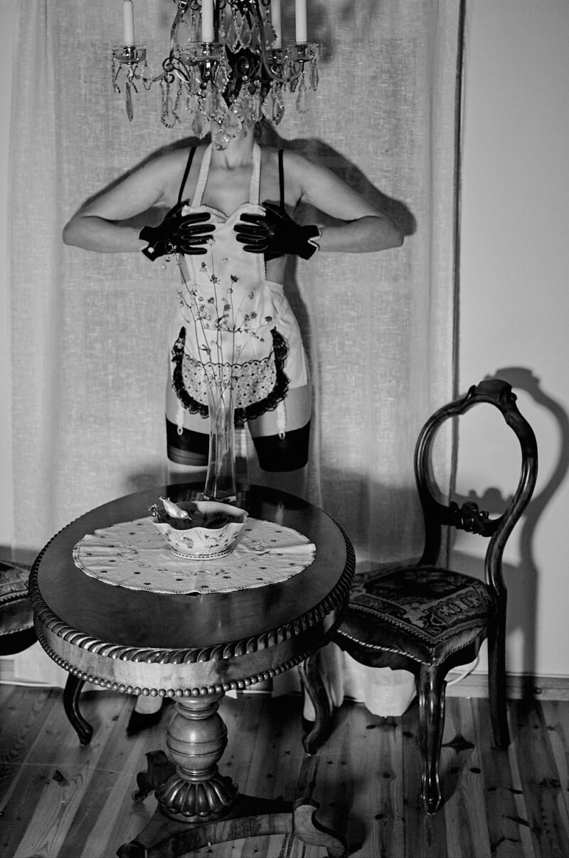 A stockinged French Maid. She is wearing fully fashioned seamed stockings made by Eleganti UK