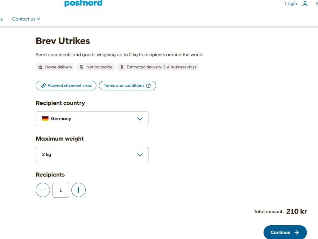 Hauskauf & Auswandern nach Schweden - mal mir die Welt in Instagram-bunten Farben 2 PostNord porto Schweden Deutschland. Bildschirmfoto onlinekauf Porto Brief / Paket bis 2 kg