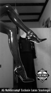 Seamed latex stockings by AG Nahtstrumpf Black FF seamed latex stockings and black ankle strap high heels
