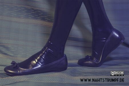 0,2 mm black latex stockings, slim legs Miu Miu flats, black latex stockings