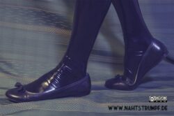 0,2 mm black latex stockings, slim legs Miu Miu flats, black latex stockings